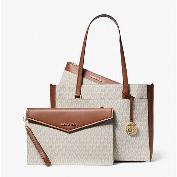 Michael Kors Maisie Large Leather 3 in 1 Tote Bag Vanilla MK Signature - Picture 1 of 4